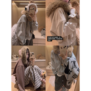 卫衣外套～ Yukiss 显瘦短款 连帽加绒 可拆卸毛领