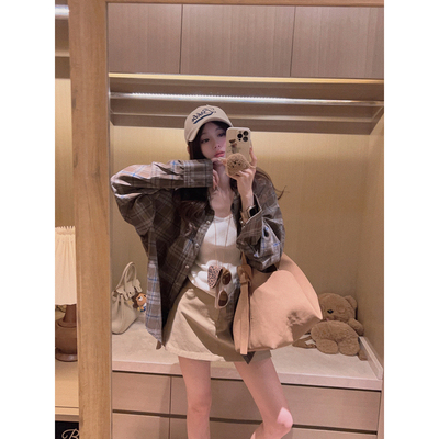 Yukiss 复古咖色格子棉麻衬衫上衣女春夏韩系宽松显瘦高级感上衣