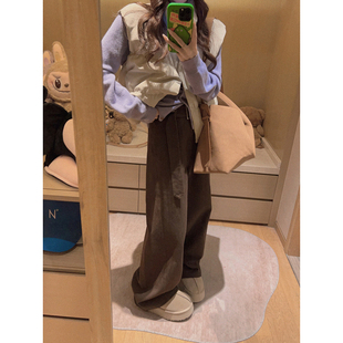 子 女秋韩系高腰宽松裤 Yukiss 复古小个子加绒直筒阔腿咖色牛仔裤