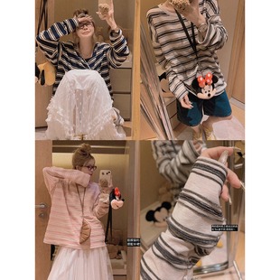 百搭打底衫 条纹T恤女春韩系宽松遮肉显瘦防晒衫 慵懒风长袖 Yukiss
