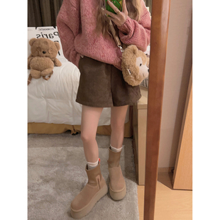 韩系宽松加绒加厚休闲裤 女冬季 子 棕色复古灯芯绒阔腿短裤 Yukiss