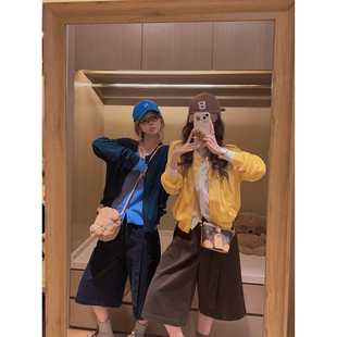 Yukiss 女秋韩系博主风时髦百搭上衣 miu系假两件撞色羊毛针织开衫