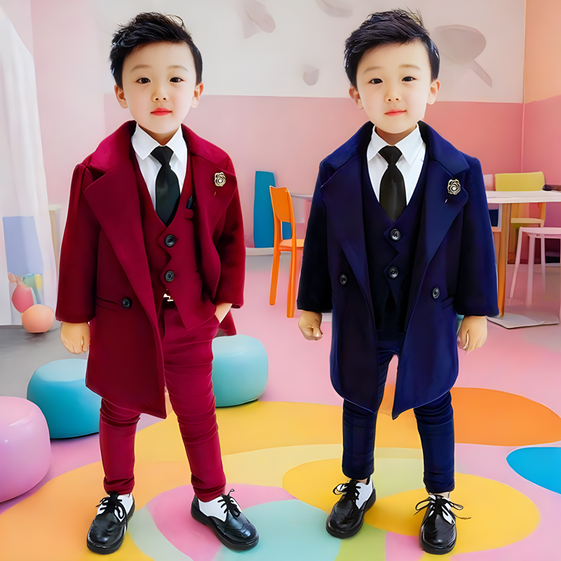 儿童呢子大衣套装秋冬季2024新款男童加厚毛呢外套西装马甲三件套