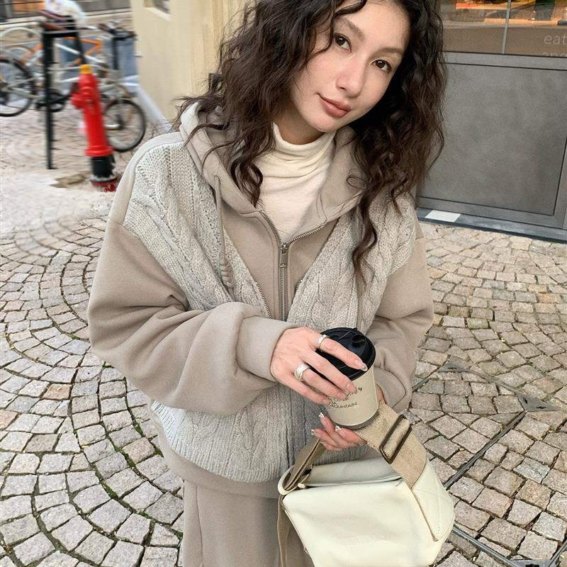 内赫高克重毛织拼接连帽假两件加绒加厚卫衣外套女秋冬季257359