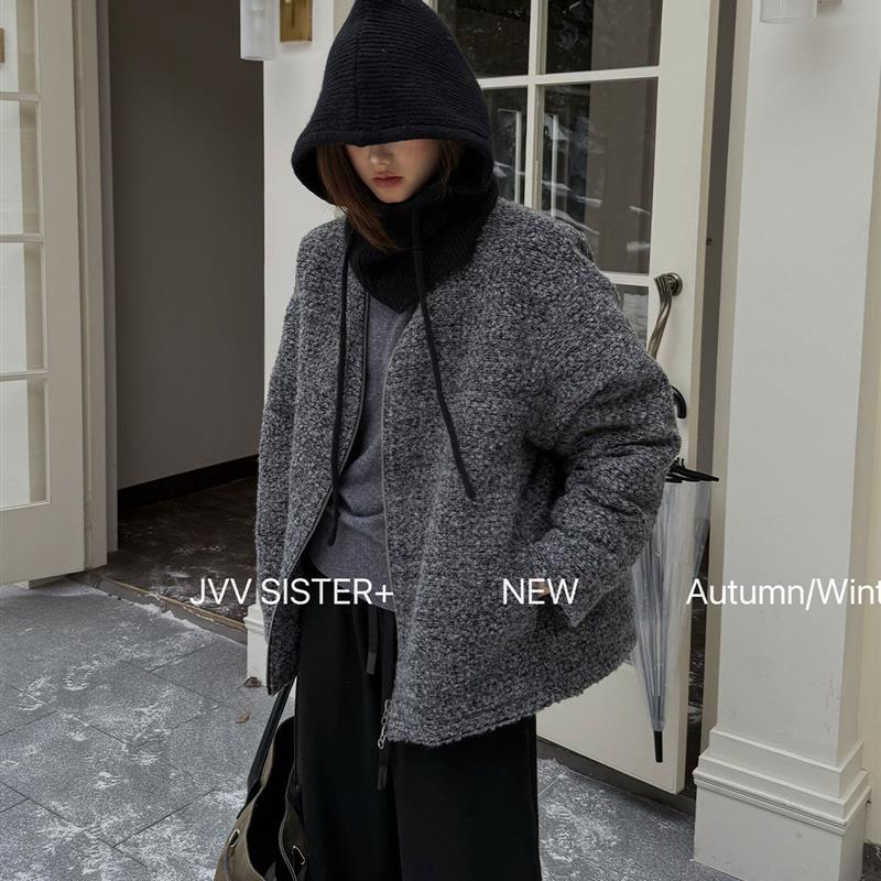 JVV十三行2025冬季新款毛织帽羊毛粗花呢白鸭绒羽绒服外套女71662