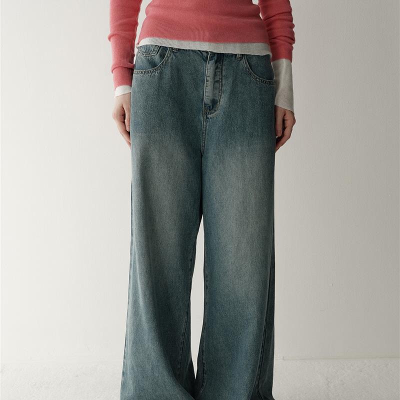 UNITY MODE 天丝直筒阔腿牛仔裤女秋冬季黑色渐变色高腰显瘦长裤