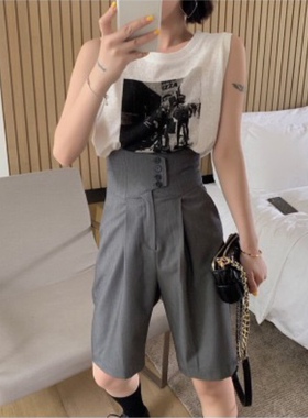 W新款高腰阔腿裤短裤女宽松夏季薄款直筒收腰休闲五分裤Alice凉爽