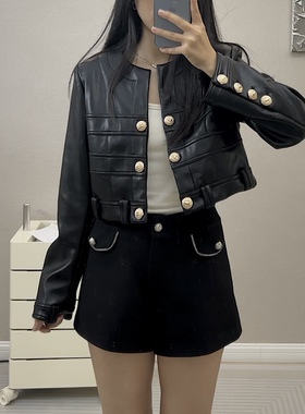 秋季高级感名媛减龄黑色短款皮衣气质小香风外套女pu皮衣开衫上衣