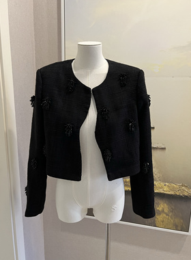 重工款ldquo觥筹交错全手工钉珠黑色短款小香风外套短外套