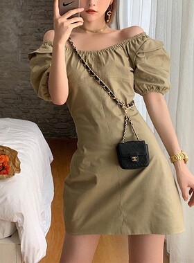 高腰短袖一字肩连衣裙女夏2025新款设计感A字短裙闺蜜两穿时尚