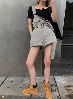 W花花家夏季薄款高腰工装背带裤女减龄配腰带连体阔腿短裤Alice