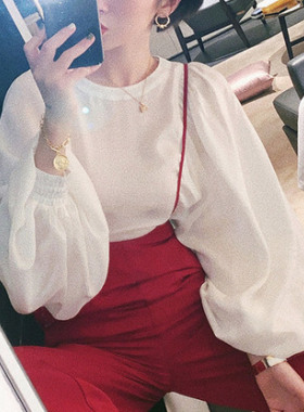 时尚圆领天丝白衬衫女宽松衬衣夏新款束口袖上衣防晒衣优雅复古