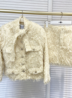 CAN2025春季新款时尚套装 气质两件套黄色毛绒绒短外套+半身裙女