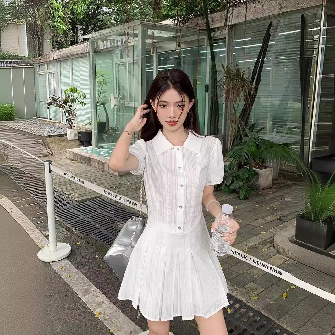 白色学院风短袖连衣裙新款女夏季短款连身裙小个子初恋小白裙