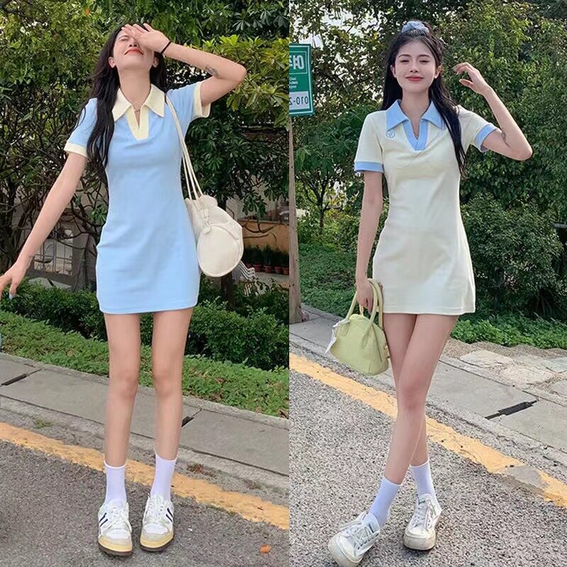 拼色POLO领连衣裙夏季韩版新款纯欲风修身显瘦短袖包臀裙子女