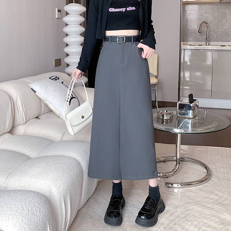 灰色西装半身裙女春秋季中长款休闲高腰显瘦垂感开叉a字包臀