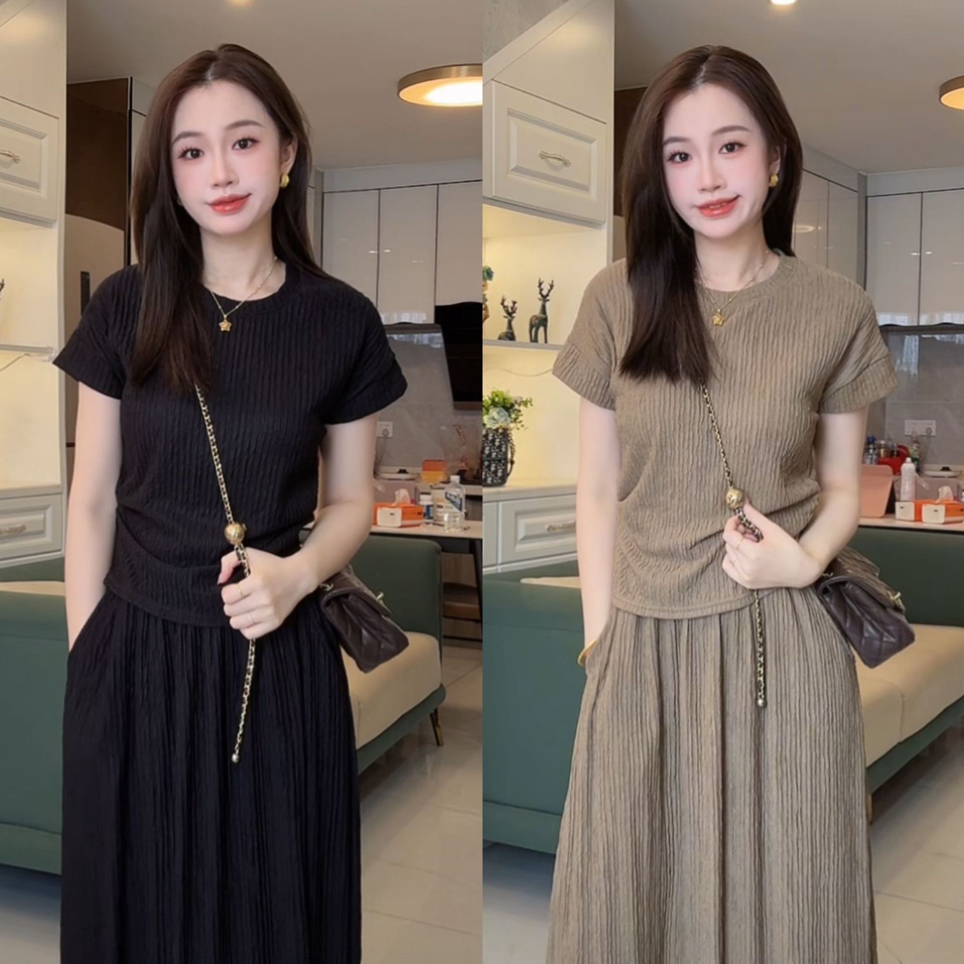 上衣+半身裙/夏季新款休闲套装女简约洋气宽松气质显瘦两件套