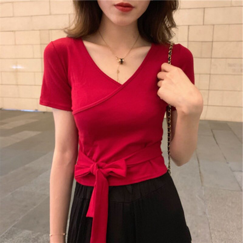 纯色短袖t恤女夏季半袖v领体恤减龄蝴蝶结系带设计感上衣