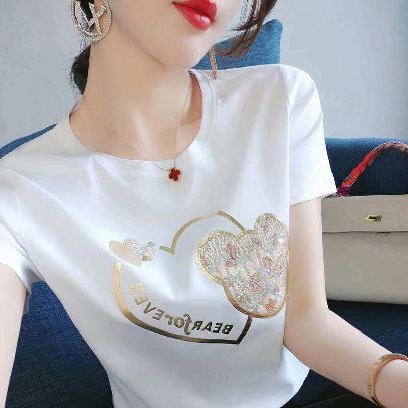白色短袖t恤女春装新款设计感小众金色印花圆领短袖恤上衣
