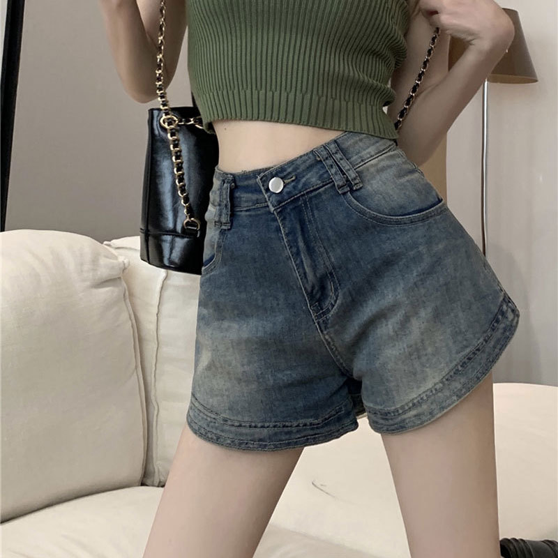 辣妹复古紧身牛仔短裤女夏天ins风做旧高腰a字包臀弹力超短热裤子