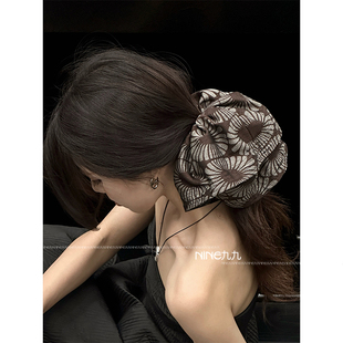 NINE九 几何线条女士真丝发圈简约复古丝巾阿美咔叽发饰品女 新款