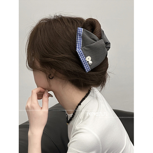 NINE九丨复古高级感灰布蓝格四件套甜美少女格纹马尾灰色方巾发箍