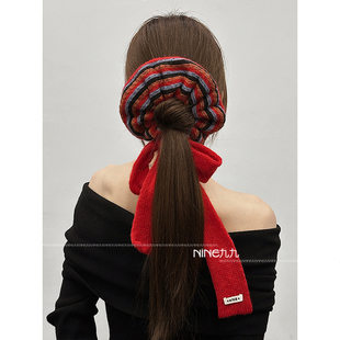 NINE九丨周美美Tomasa同款彩色针织大发圈发带发饰围脖红色头饰女