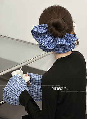 NINE九丨韩系复古蓝色格子裙摆大肠发圈女慵懒风百搭发饰扎头发