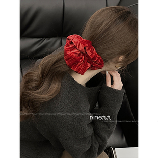 NINE九 圣诞节红色花朵丝绒大肠发圈丸子头超大头饰头绳新年秋冬