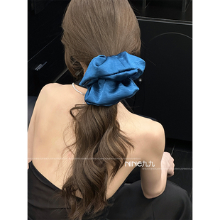 NINE九 韩系欧若风缎面蓝色大肠发圈女绑头发绳低丸子头绳夏天高