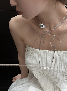 NINE九丨银灰色蝴蝶结玫瑰choker系带颈链小众甜酷辣妹锁骨链潮酷