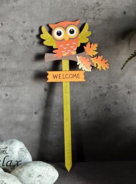 木质猫头鹰花盆装饰插件欢迎牌