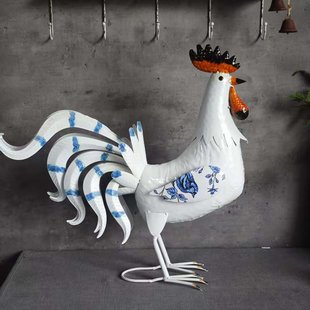 百亩瑕疵清仓美式 饰品造景杂货 乡村铁艺青花公鸡摆件花园庭院装