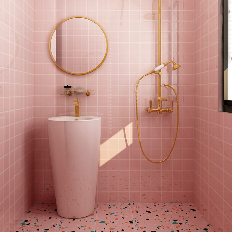 ins风粉色瓷砖卫生间地砖少女厕所浴室墙砖网红餐厅吧台北欧风格