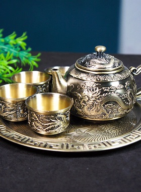 金属龙凤茶具套装家用复古高档功夫茶壶茶杯茶盘送朋友礼品