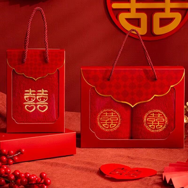 纯棉中式喜字结婚红毛巾礼盒装