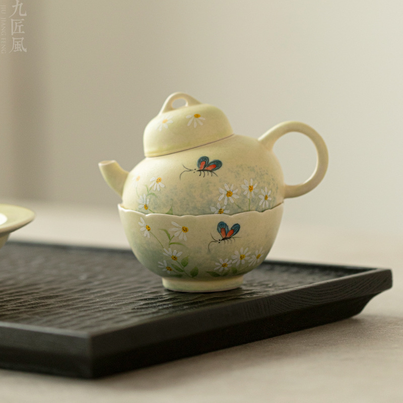 手绘茶壶釉下彩复古油画风雏菊小壶家用高档功夫茶具陶瓷泡茶器