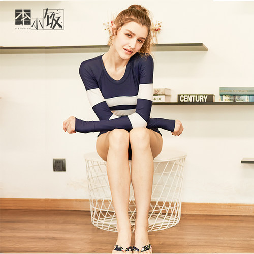 欧式蓝白李小饭显瘦女拼接泳衣