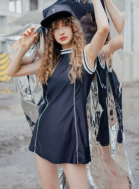 李小饭休闲运动风夏黑色泳衣女潮酷三件套遮肚显瘦保守分体泳装