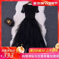 Mùa hè 2019 mới của phụ nữ vòng cổ ngắn tay xếp li váy lưới cao eo xếp li Slim Một phần váy dài từ - A-Line Váy váy voan xòe