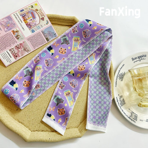 繁星原创猫咪插画丝巾小长条飘带丝带绑包扎发高级感日系领巾腰带