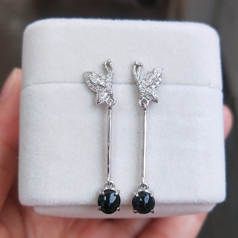 缅甸天然翡翠正品老蓝水玉石戒面镶纯S925银耳环耳吊百搭蝴蝶耳饰