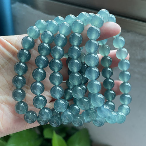 天然翡翠A货冰种蓝水圆珠手链