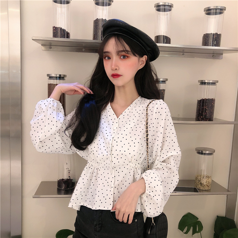 Real price - New Korean Chiffon dot western style long sleeve shirt design top