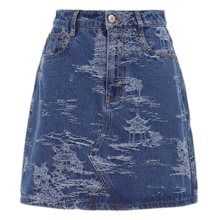 可可尼COCOON商场同款时尚裙子2025秋冬新款蓝色短款牛仔半身裙女