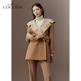可可尼COCOON商场同款 印花大翻领羊毛呢外套 2024秋冬新款 大衣法式