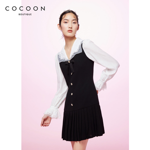 商场同款 可可尼COCOON秋冬新款经典黑白拼接蝴蝶结装饰连衣裙女