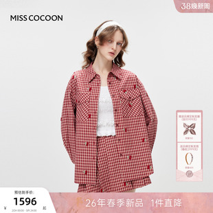 MISSCOCOON可可尼格纹翻领衬衫女2026春季新款复古红色棉质套装