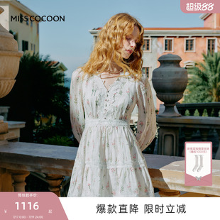 鹤秋同款MISSCOCOON可可尼V领白色裙子女26夏新款莱赛尔连衣裙