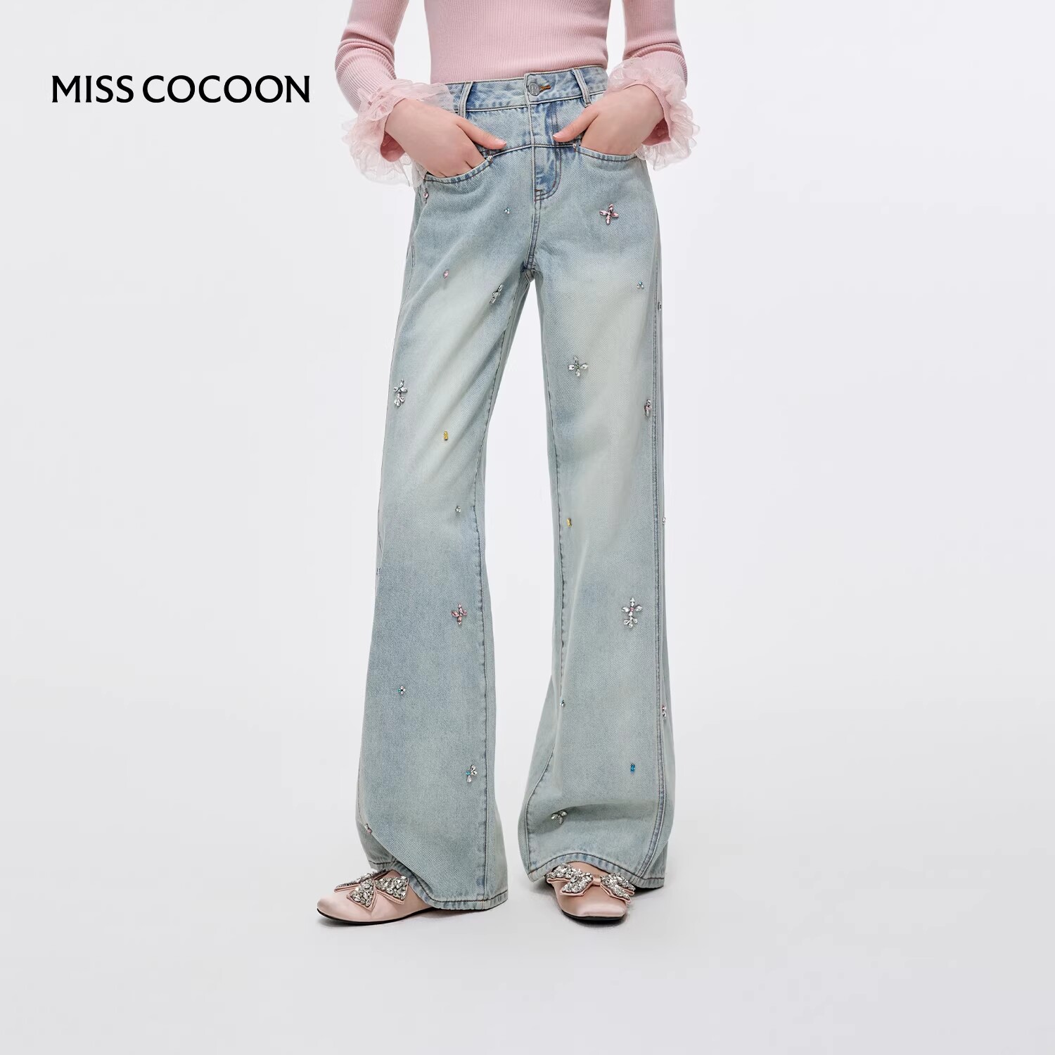 宣璐同款COCOON秋新款珍珠阔腿长裤子时尚休闲背心牛仔马甲套装女